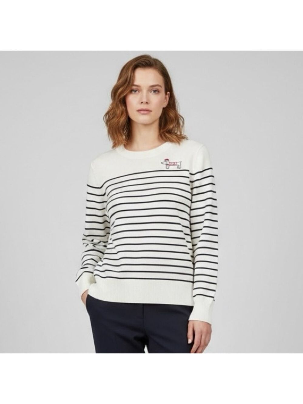 Anthropologie Calligraphie Novelty Striped Knit Cute Dog Sweater White Black L